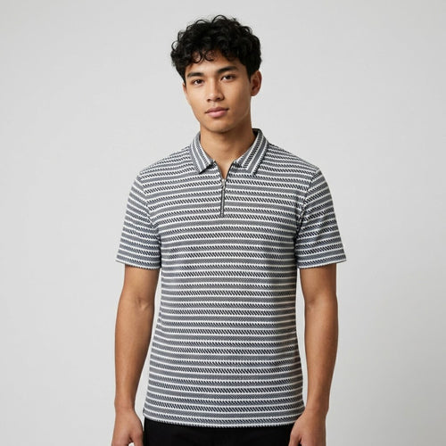 Black & Grey Striped Zip Polo Shirt | Knit Polo