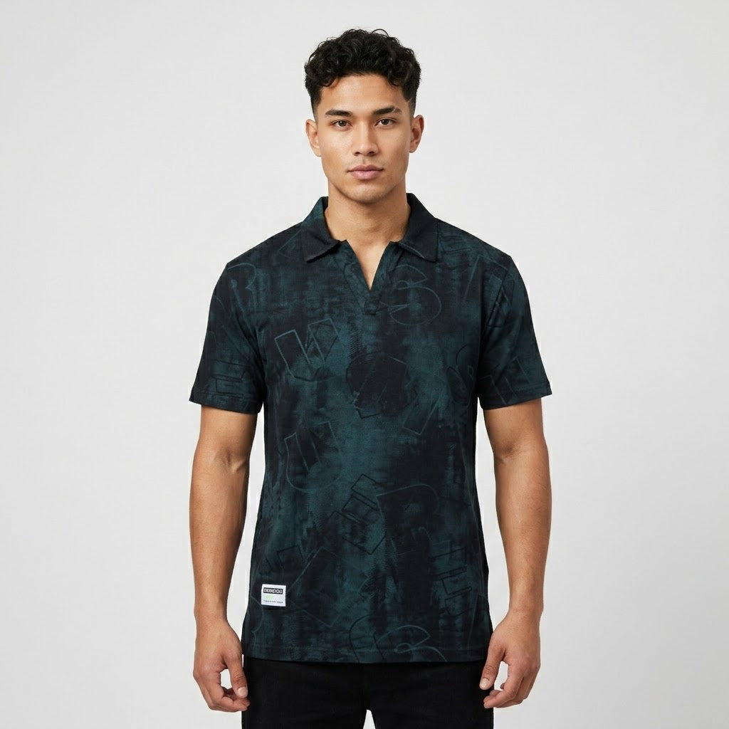 Black Abstract Print Johnny Collar Polo