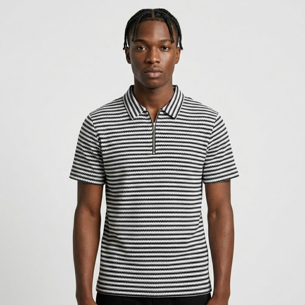 Black & White Striped Zip Polo Shirt | Knit Polo