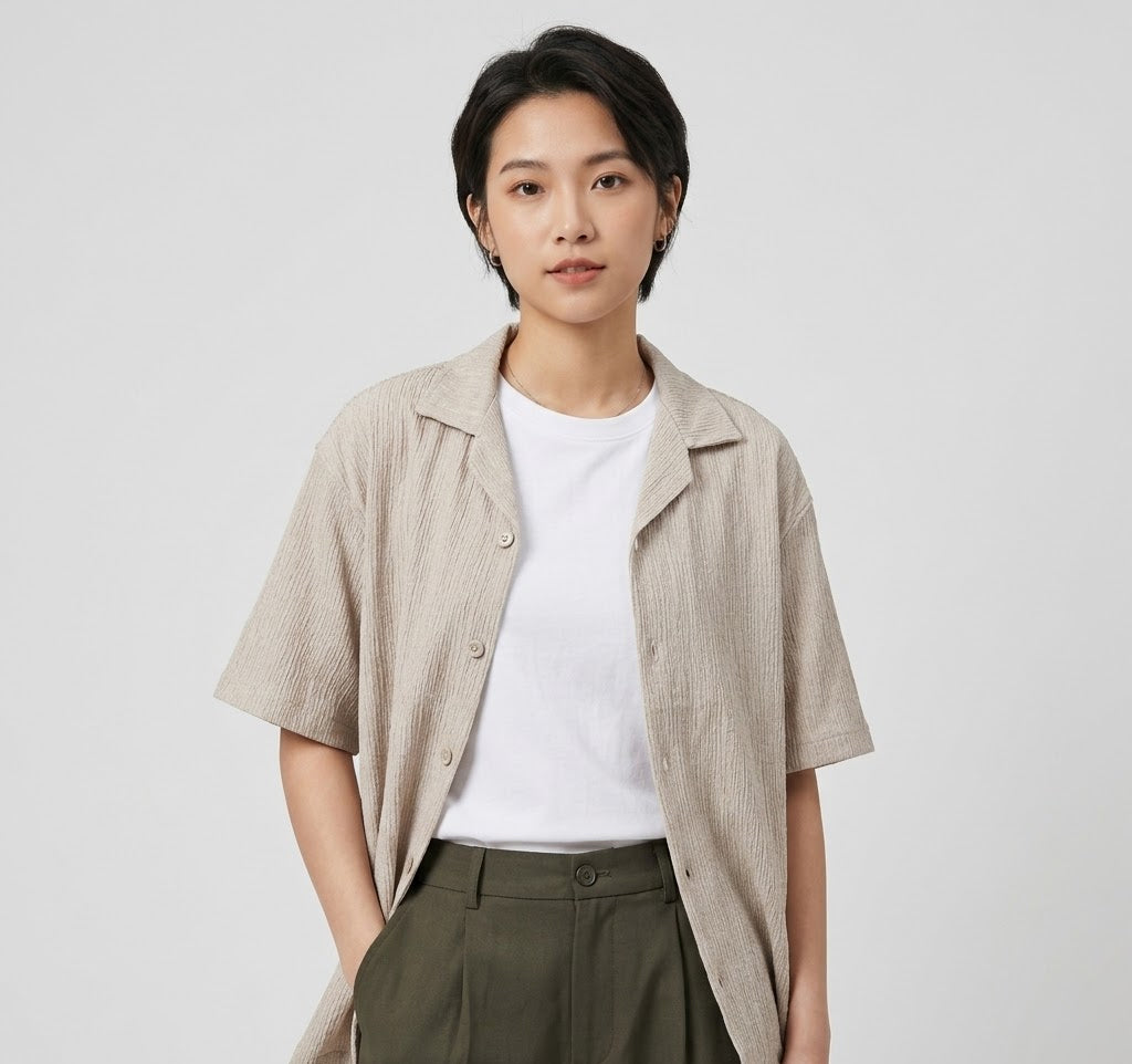 Sand Grey Textured Semi-Formal Shirt | Boxy fit | Unisex
