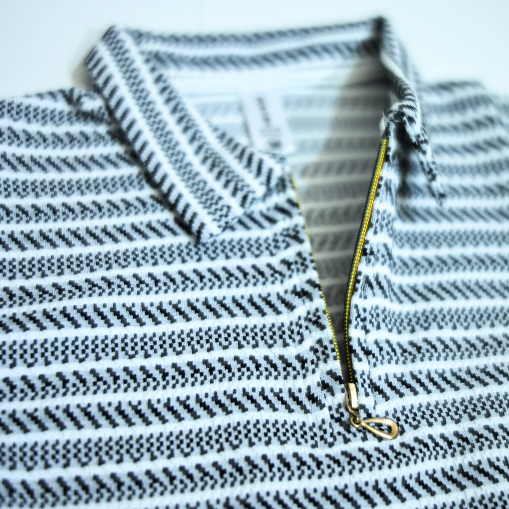 Black & Grey Striped Zip Polo Shirt | Knit Polo