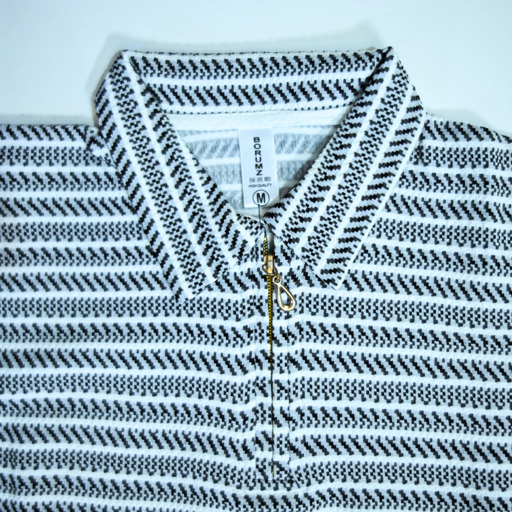 Black & Grey Striped Zip Polo Shirt | Knit Polo