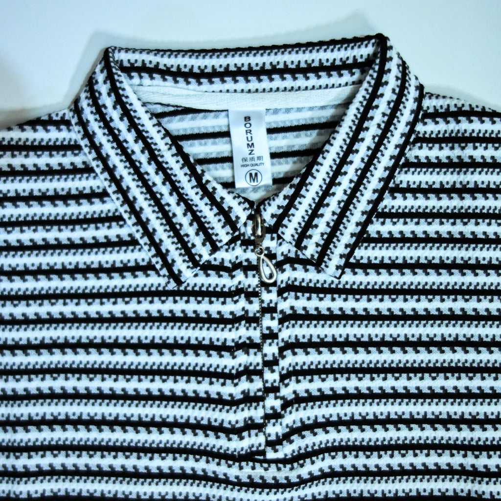 Black & White Striped Zip Polo Shirt | Knit Polo