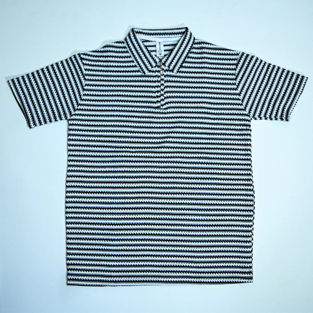 Black & White Striped Zip Polo Shirt | Knit Polo