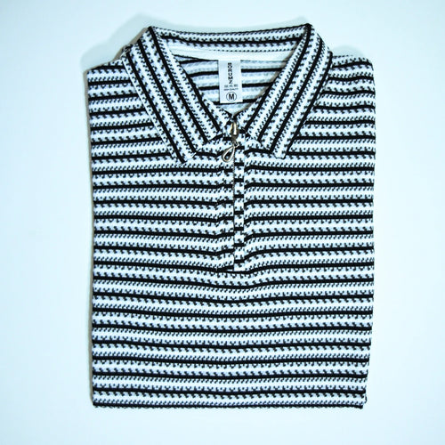 Black & White Striped Zip Polo Shirt | Knit Polo
