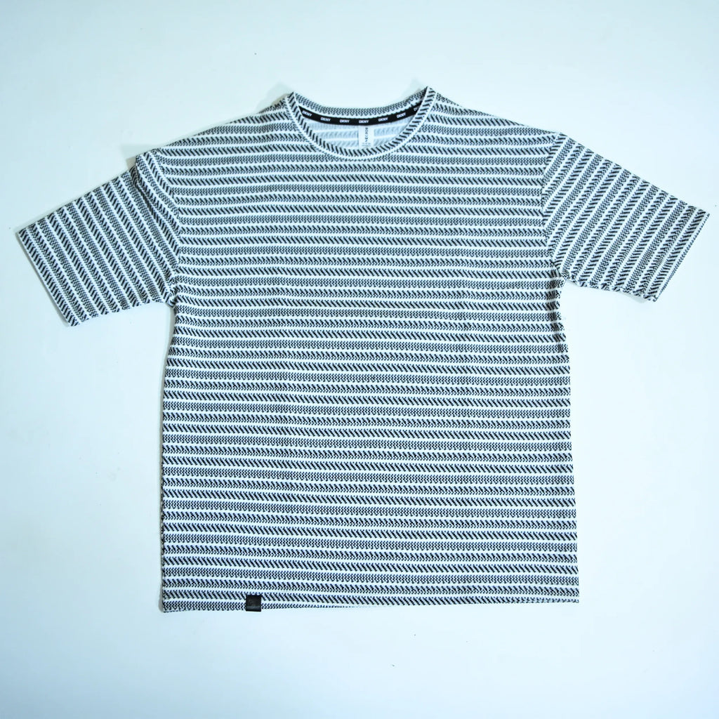 Grey & White Textured Stripe Drop Shoulder T-Shirt