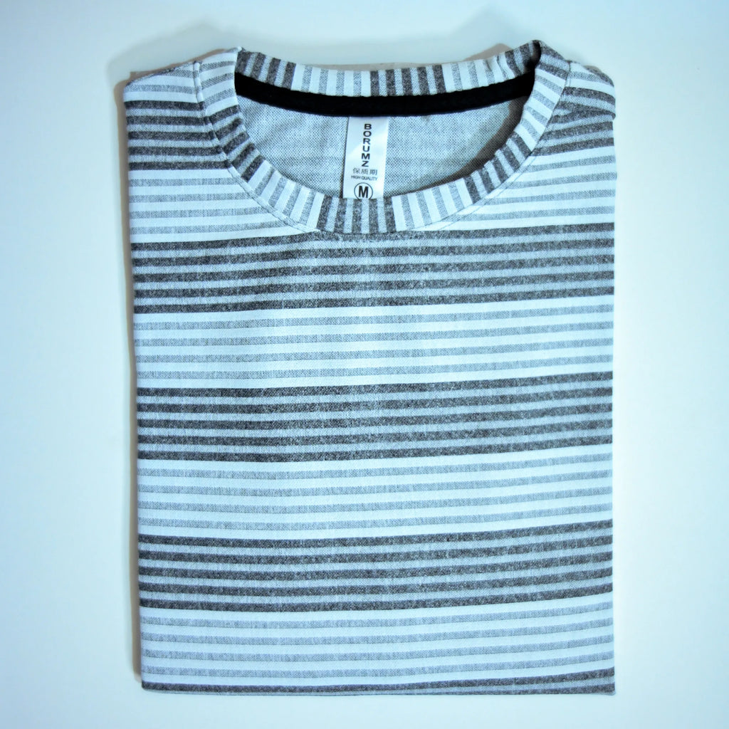Oversized Striped T-Shirt - Crew Neck Tee - Light Grey