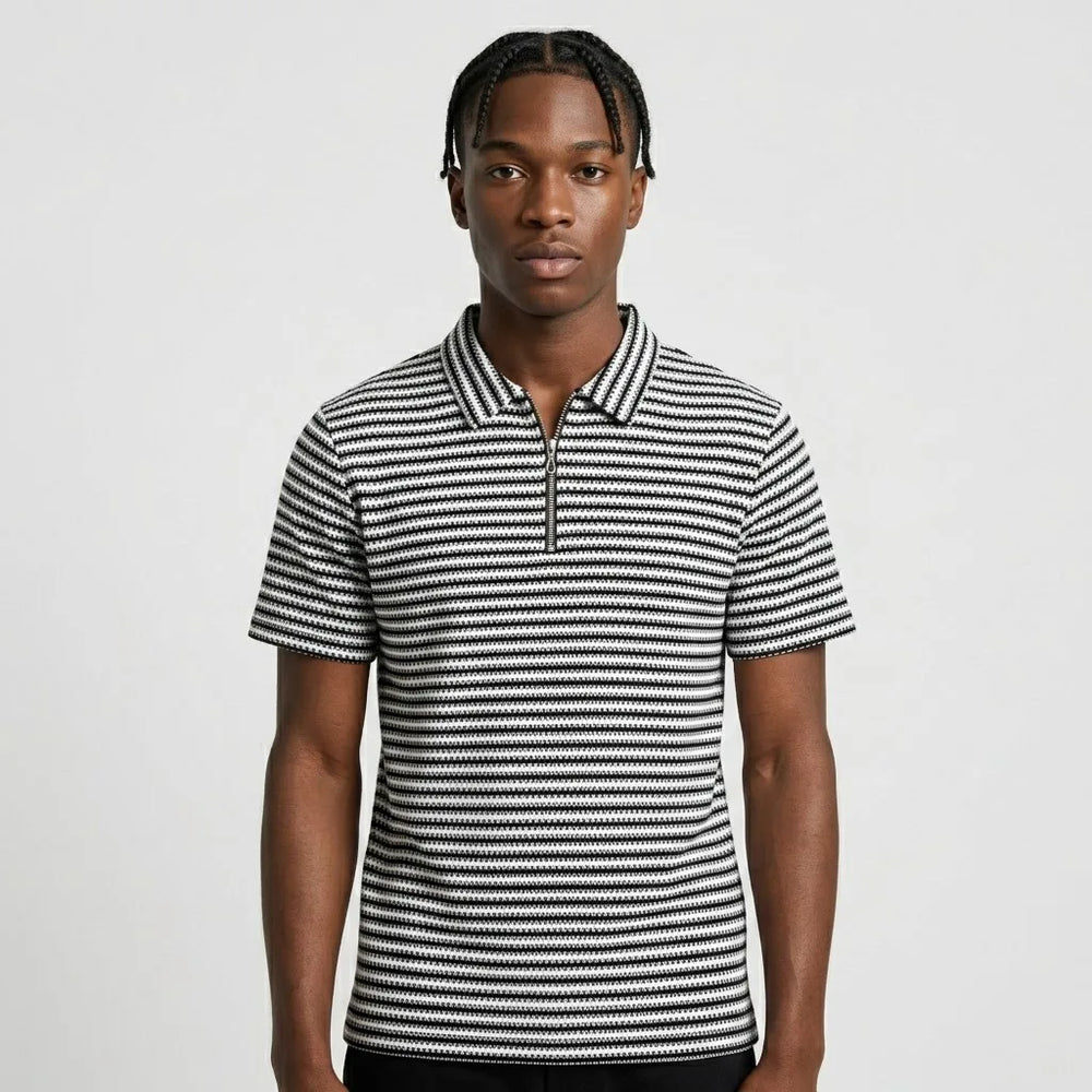 Black & White Striped Zip Polo Shirt | Knit Polo