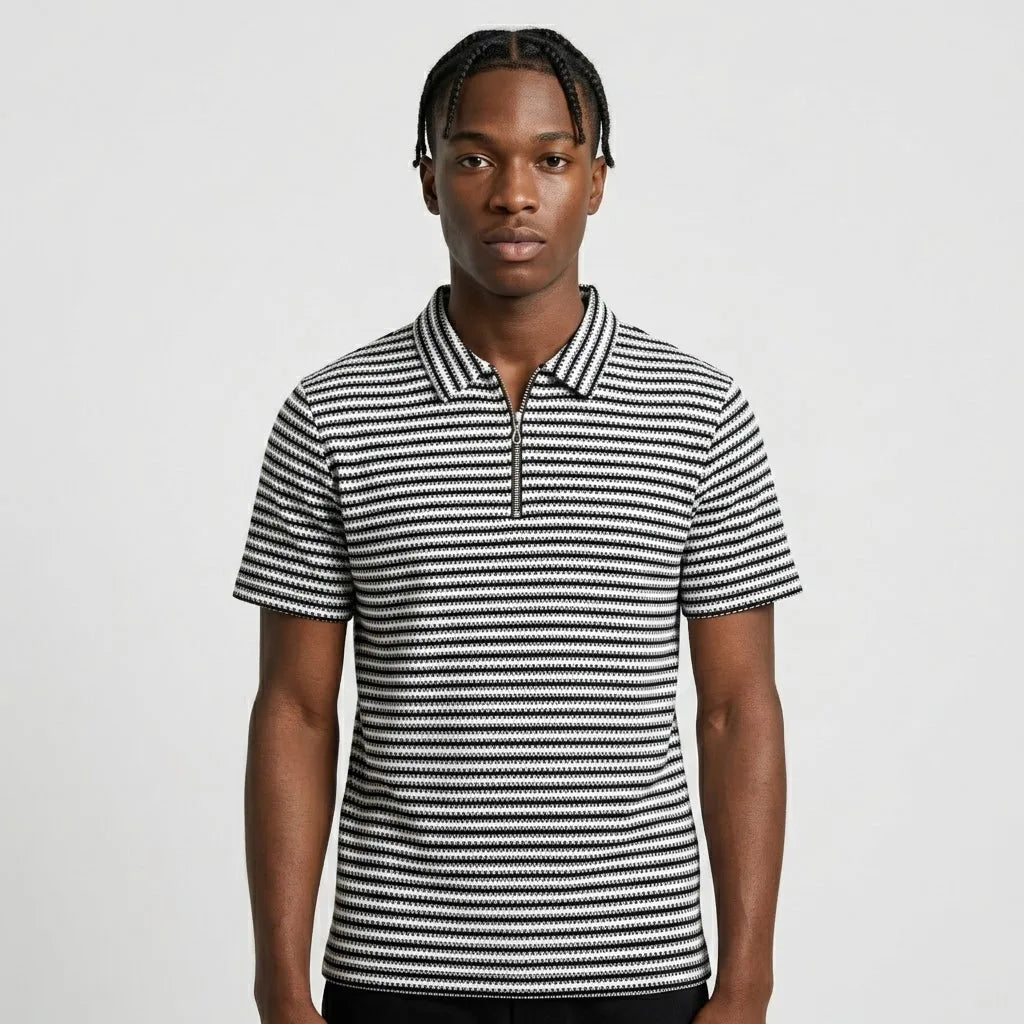Black & White Striped Zip Polo Shirt | Knit Polo
