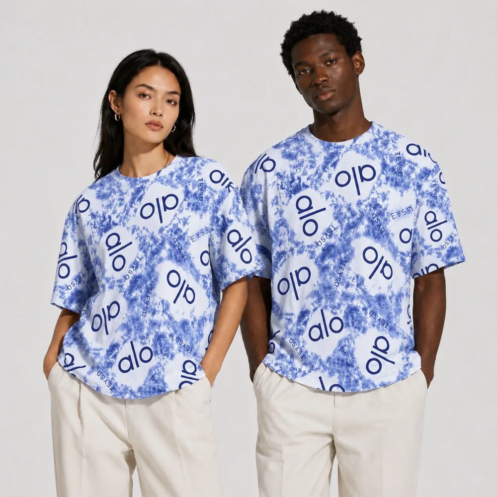 Abstract Logo Print Oversized T-Shirt – Blue & White