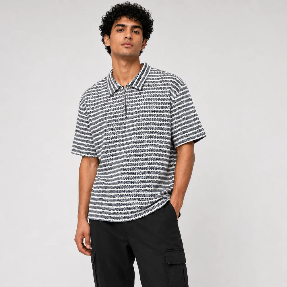 Black & Blue Striped Zip Polo Shirt | Knit Polo
