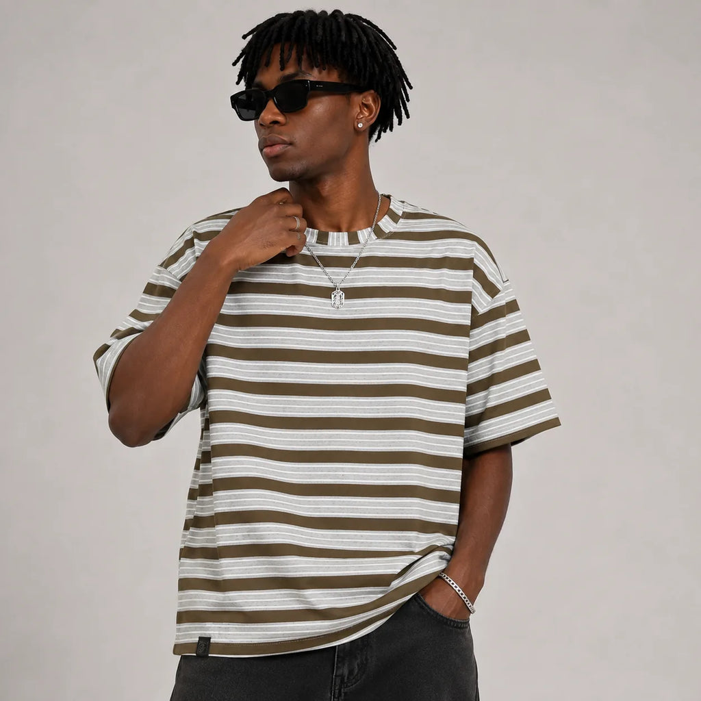 Brown & Grey Striped Oversized T-Shirt