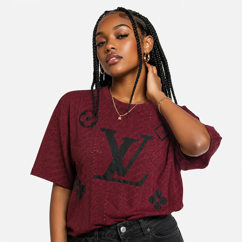 Embroidered Eyelet Drop Shoulder T-Shirt - Deep Maroon