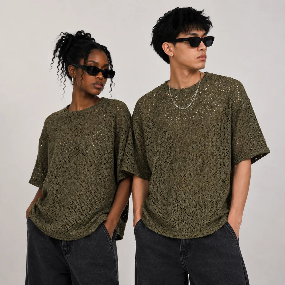 Summer Mesh Knit T-Shirt - Army Green - Crochet Knit