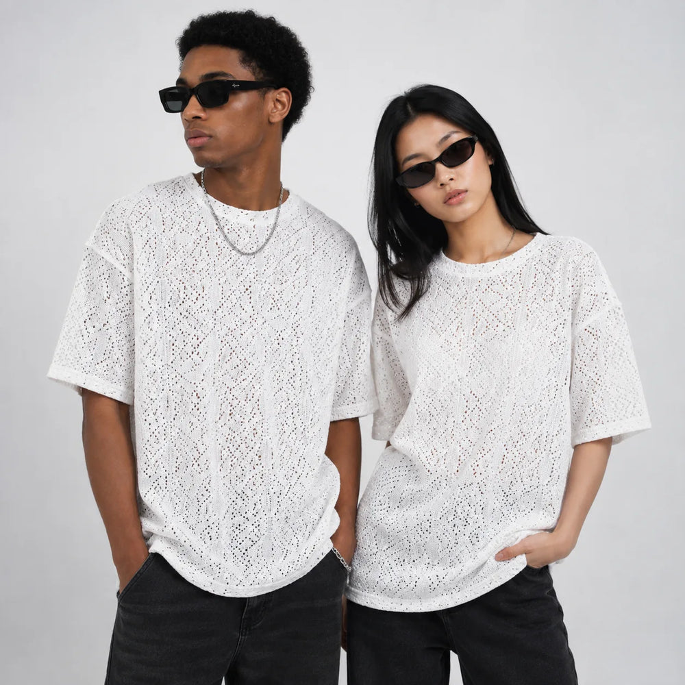 Summer Mesh Knit T-Shirt - White - Crochet Knit Oversized