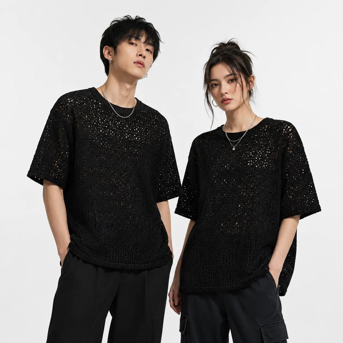 Summer Mesh Knit T-Shirt - Black - Crochet Knit Oversized