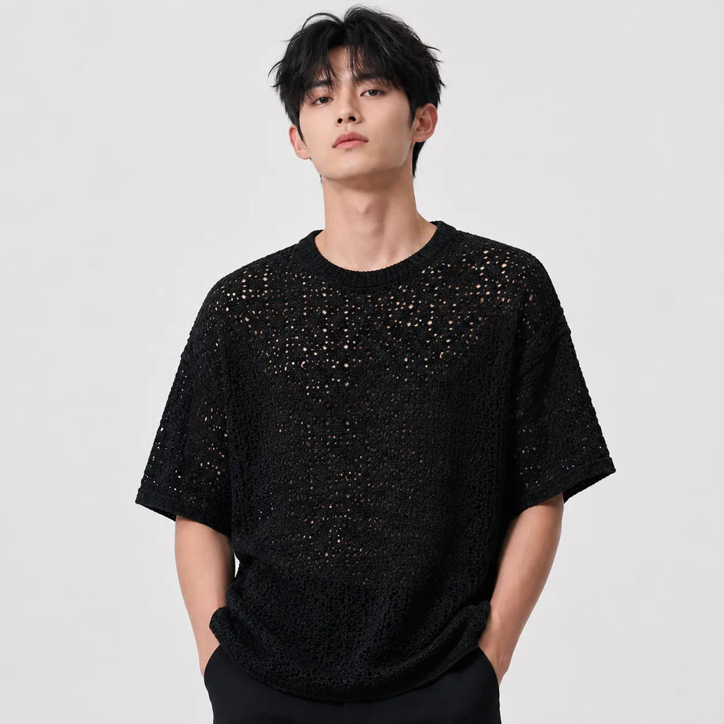 Summer Mesh Knit T-Shirt - Black - Crochet Knit Oversized