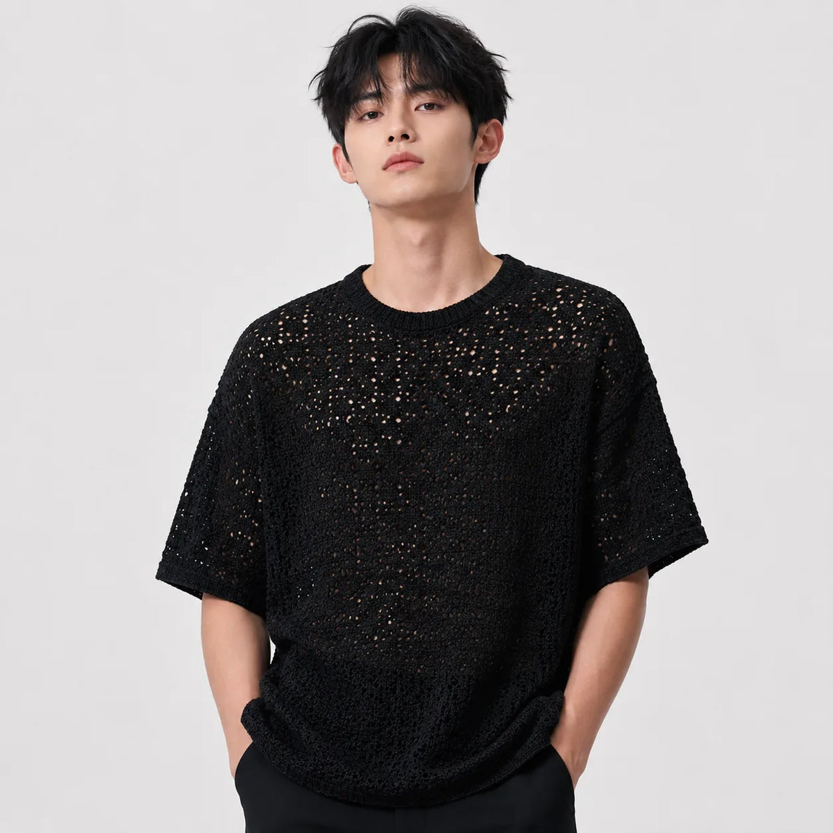 Summer Mesh Knit T-Shirt - Black - Crochet Knit Oversized