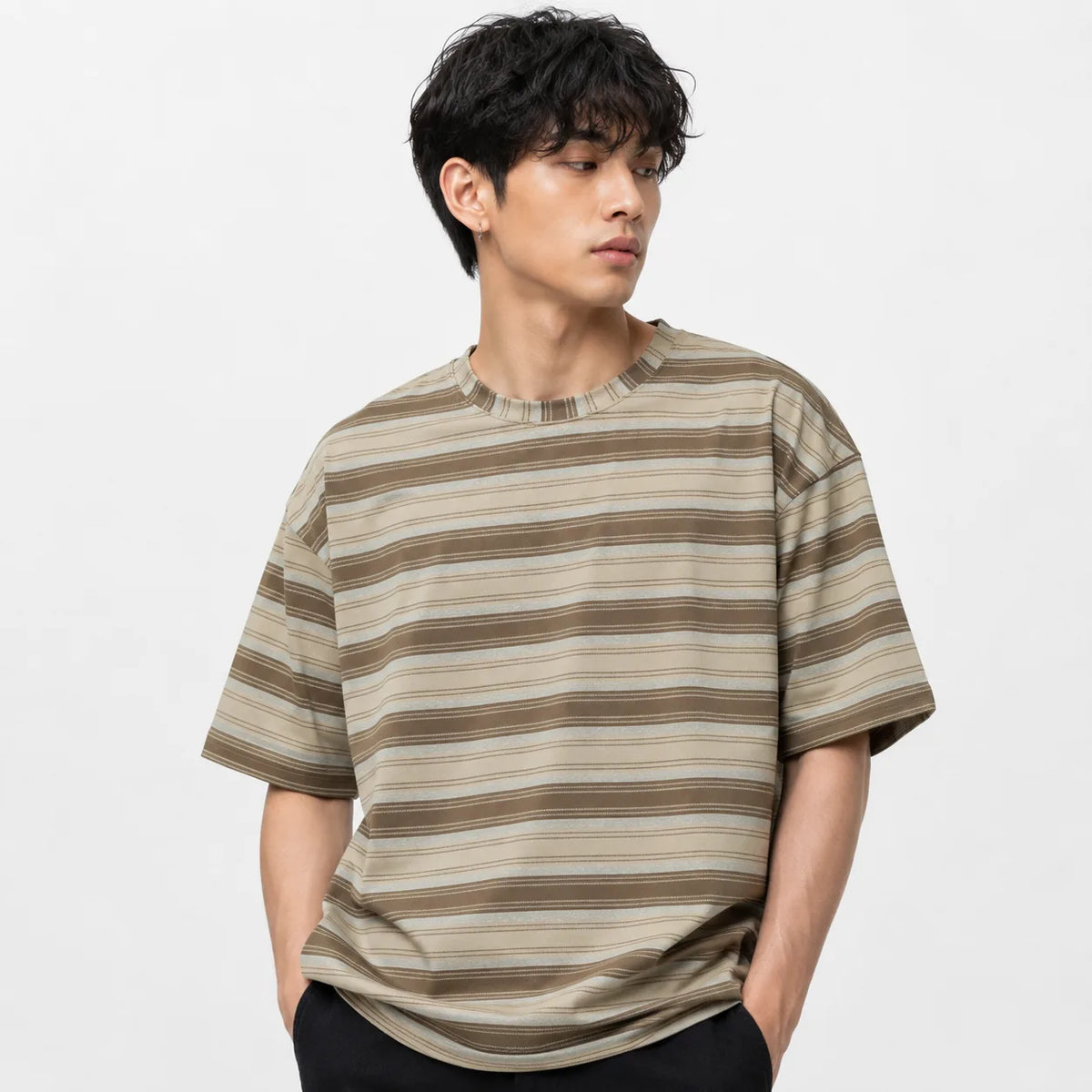 Off Shoulder Baggy T-Shirt - Multi Stripe - Brown & Beige