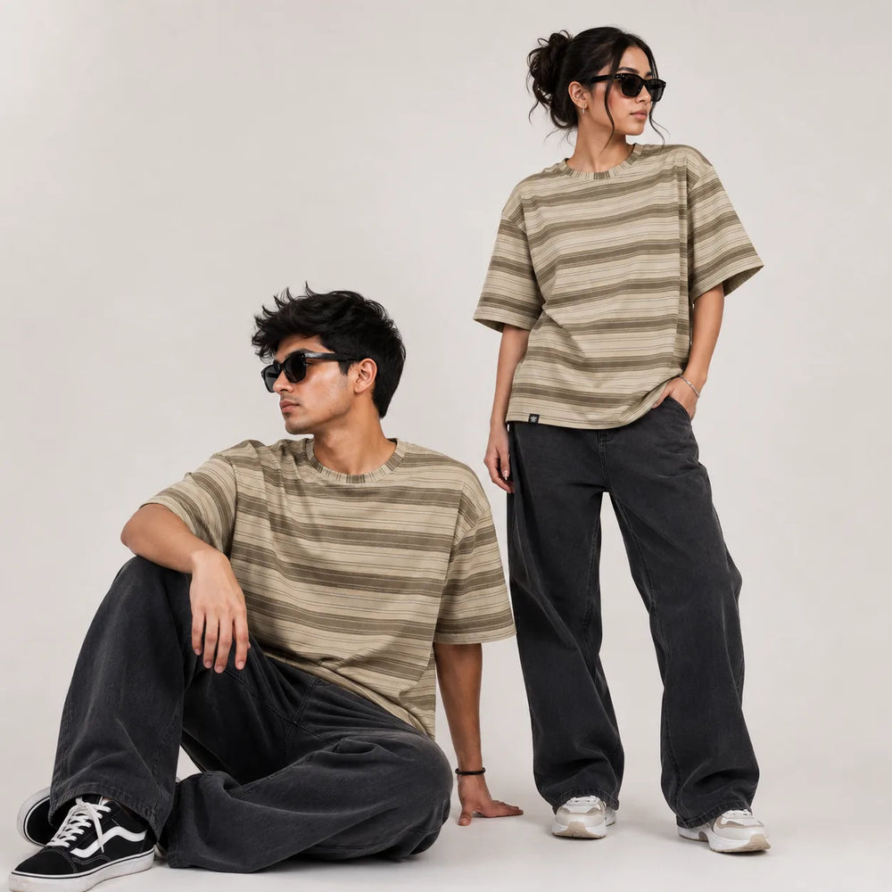 Off Shoulder Baggy T-Shirt - Multi Stripe - Brown & Beige