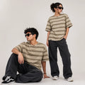 Off Shoulder Baggy T-Shirt - Multi Stripe - Brown & Beige