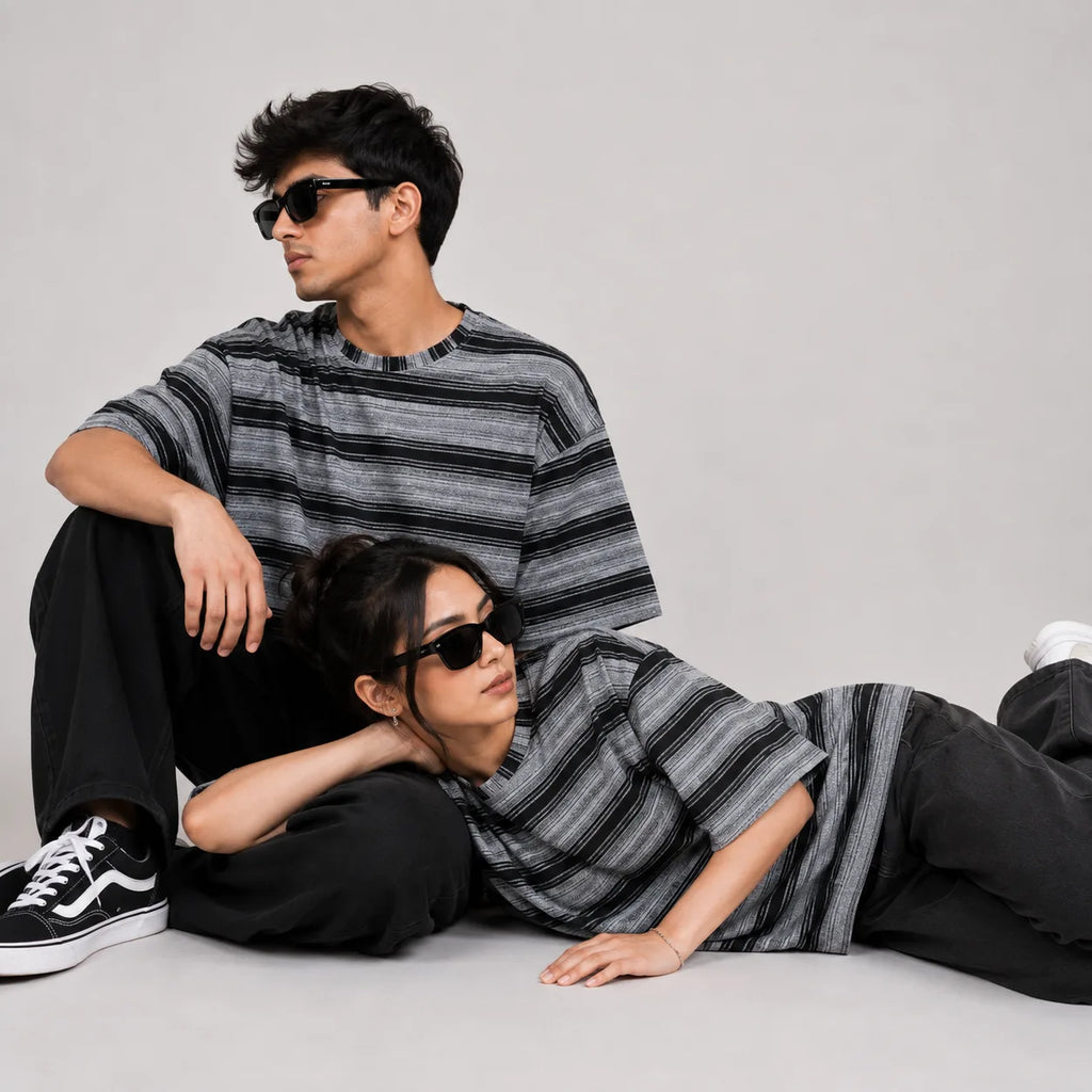 Grey & Black Wide Striped Oversized T-Shirt