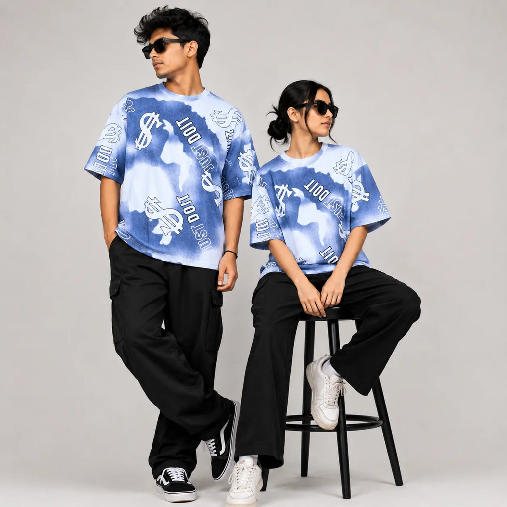 Dollar Print Oversized T-Shirt – Blue & White