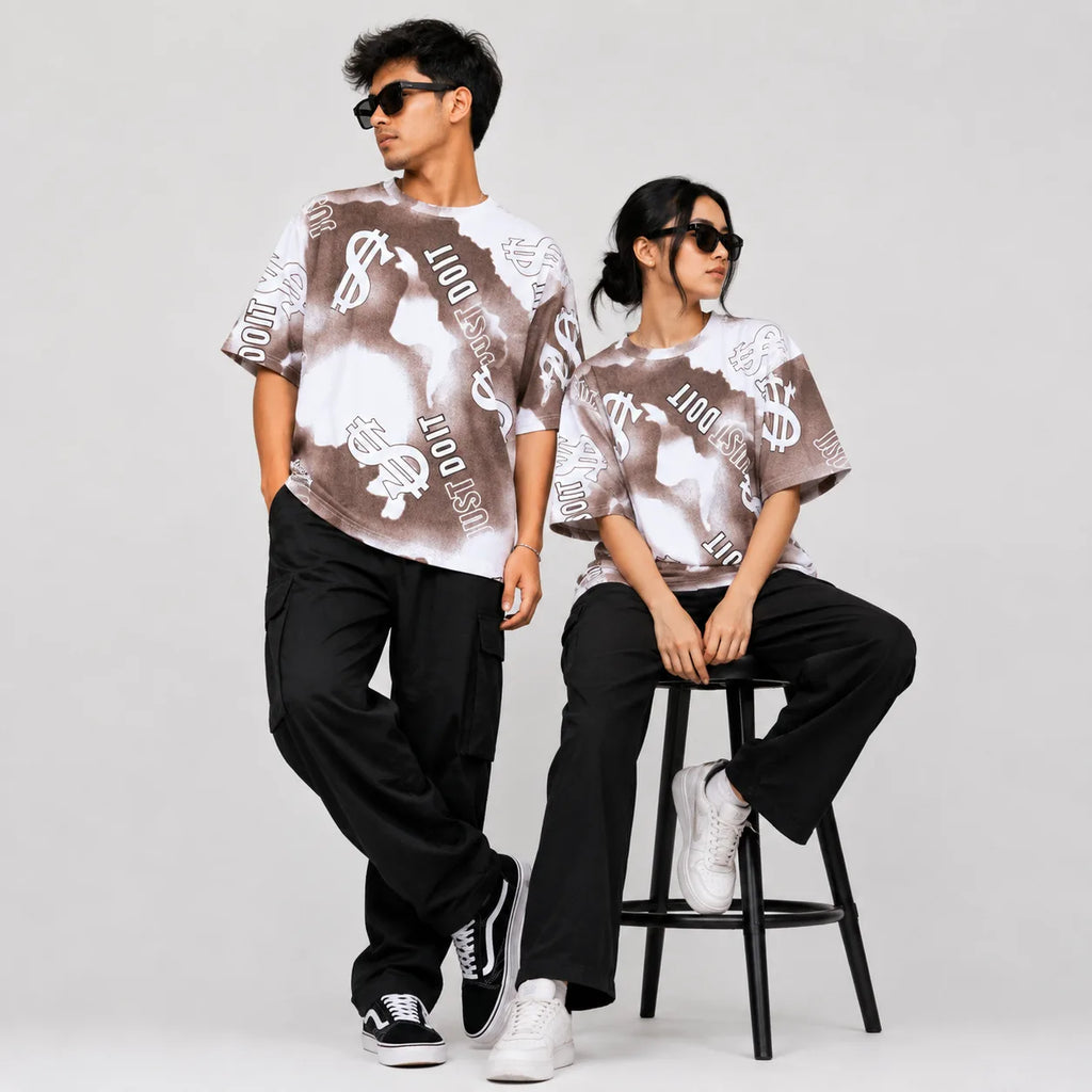 Dollar Print Oversized T-Shirt – Brown & White