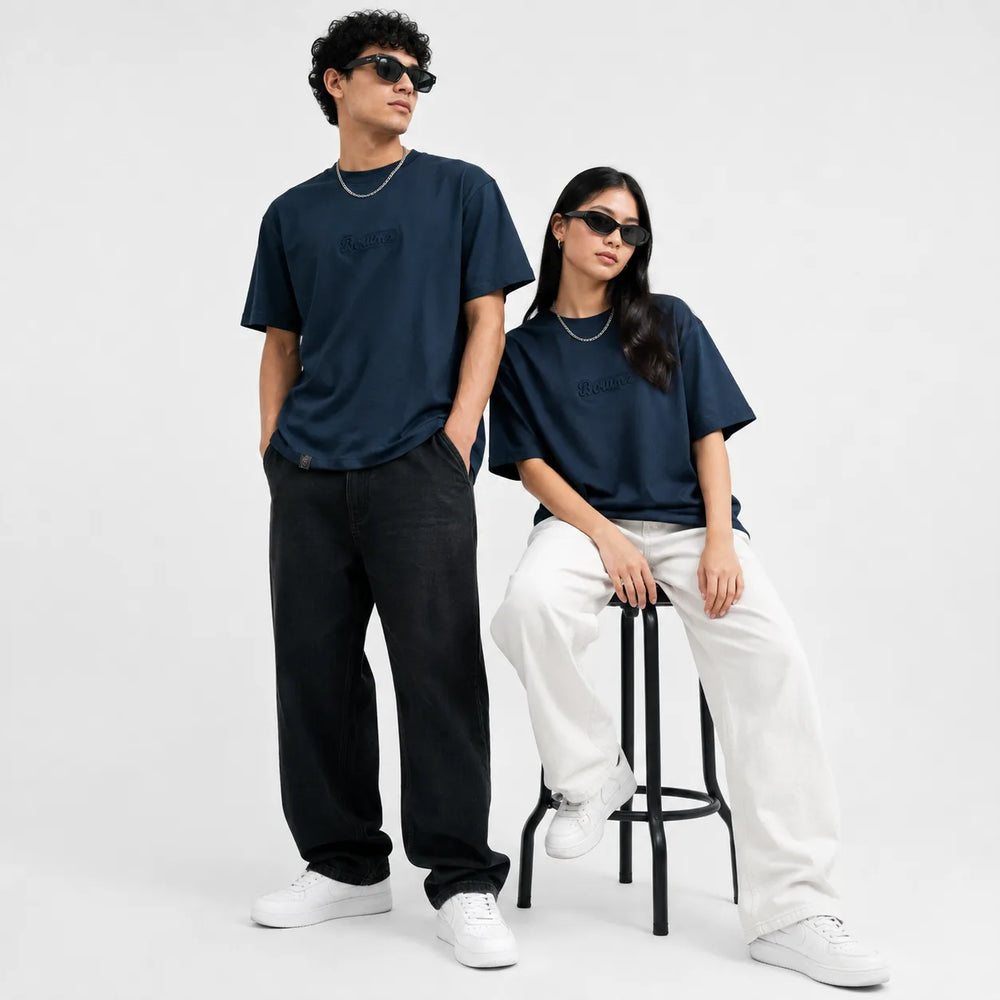Unisex Embossed Logo Crew Neck T-Shirt - Dark Navy