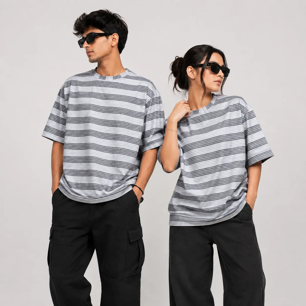 Oversized Striped T-Shirt - Crew Neck Tee - Light Grey
