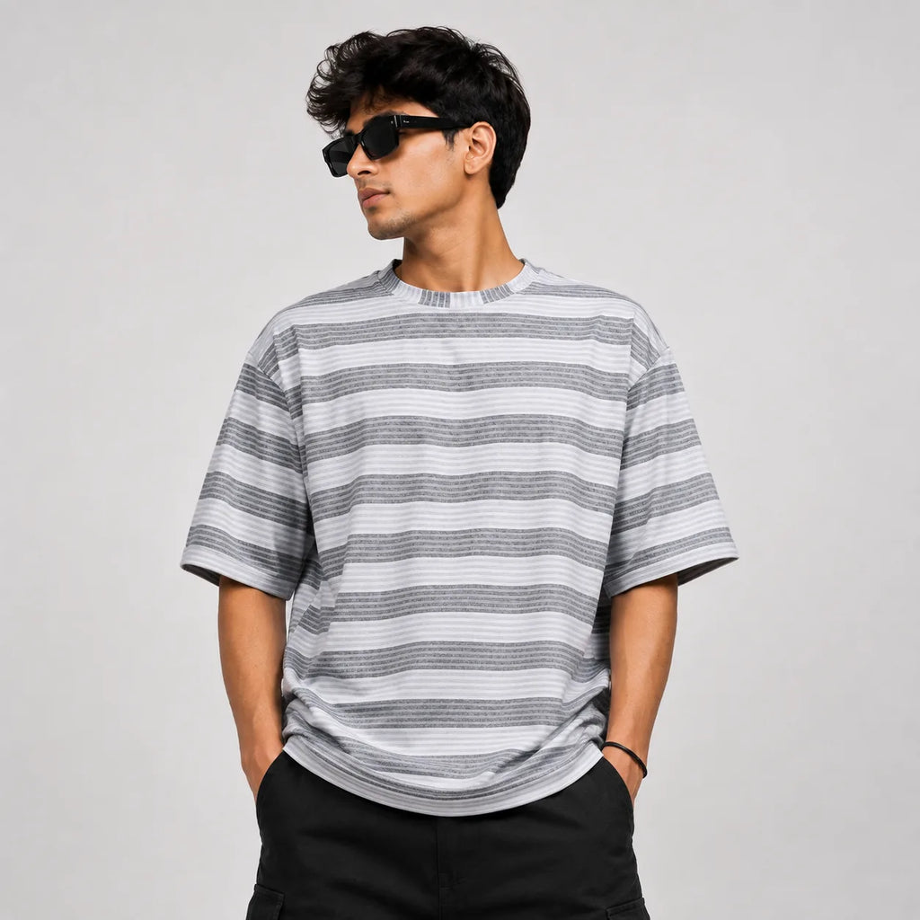 Oversized Striped T-Shirt - Crew Neck Tee - Light Grey