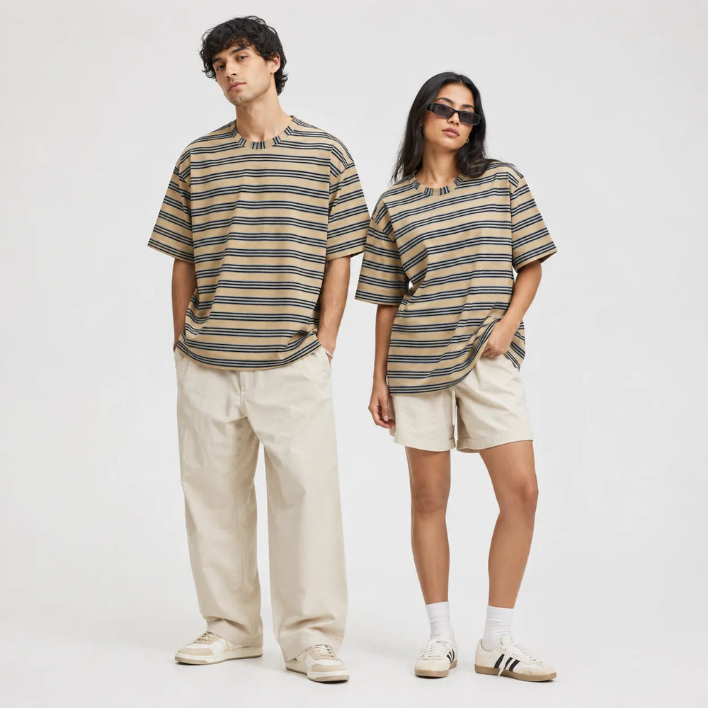 Beige & Black Striped Oversized T-Shirt