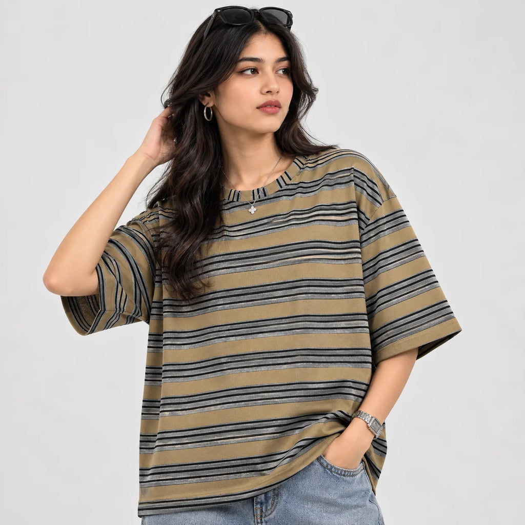 Camel Brown Striped Oversized T-Shirt