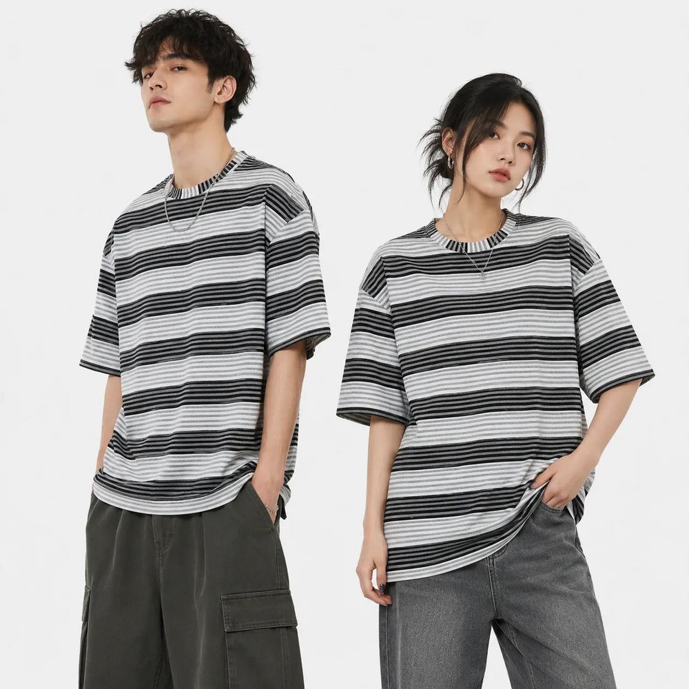 Oversized Striped T-Shirt - Crew Neck Tee - Dark Grey