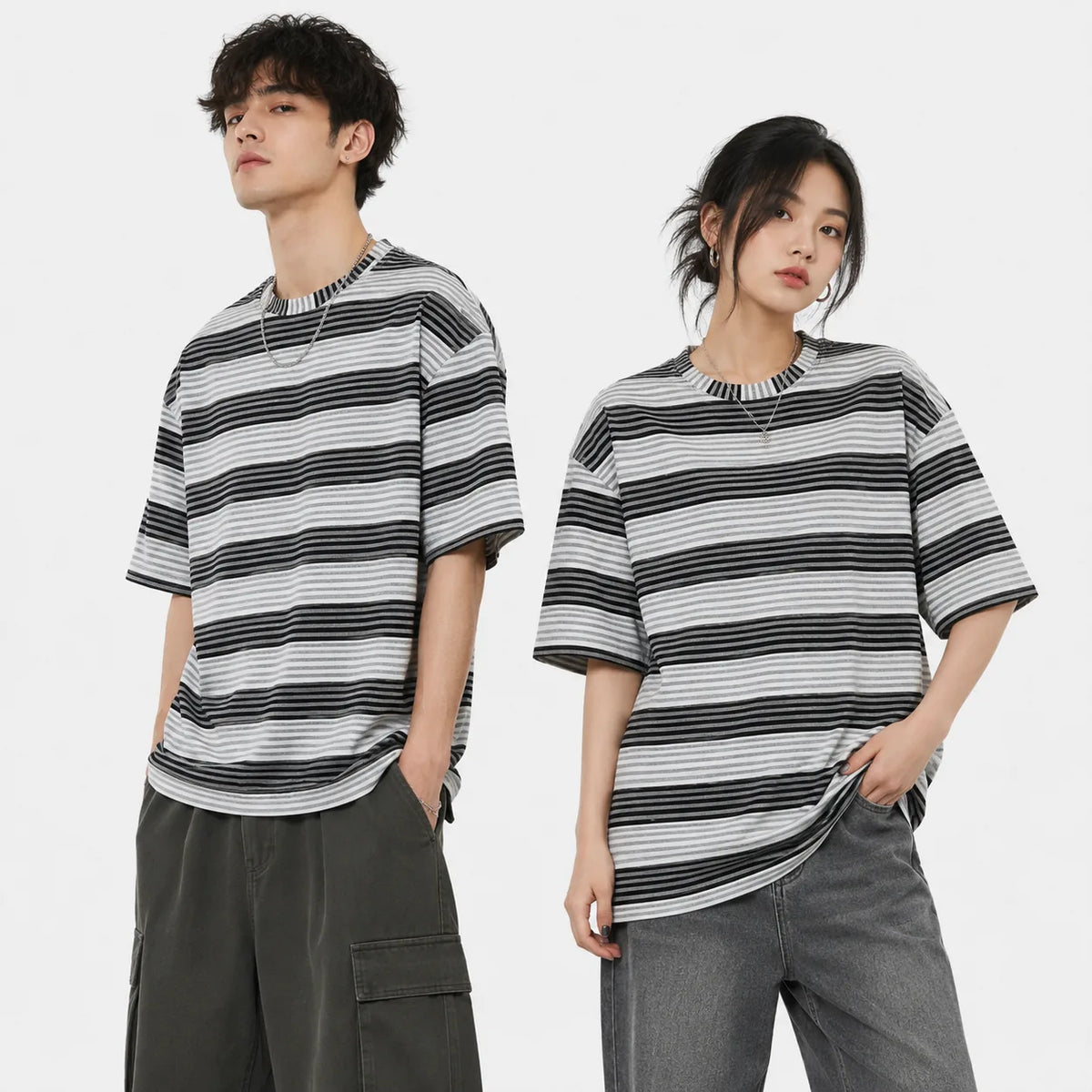 Oversized Striped T-Shirt - Crew Neck Tee - Dark Grey
