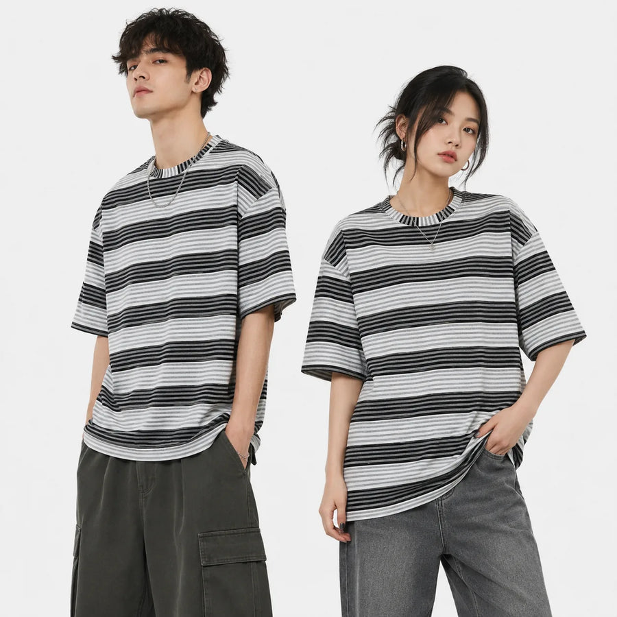 Oversized Striped T-Shirt - Crew Neck Tee - Dark Grey