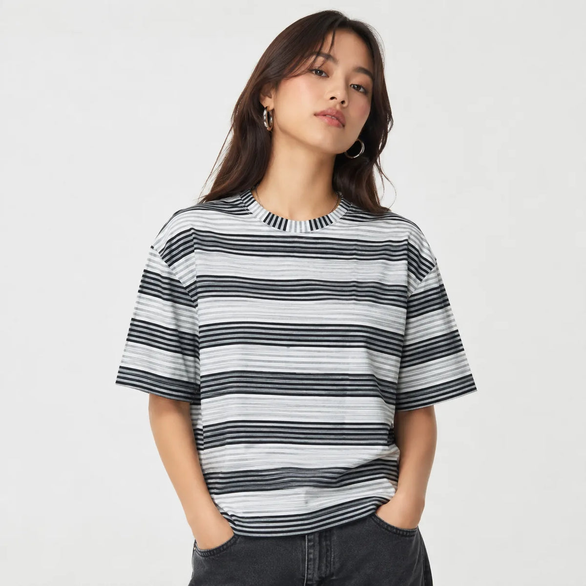 Oversized Striped T-Shirt - Crew Neck Tee - Dark Grey