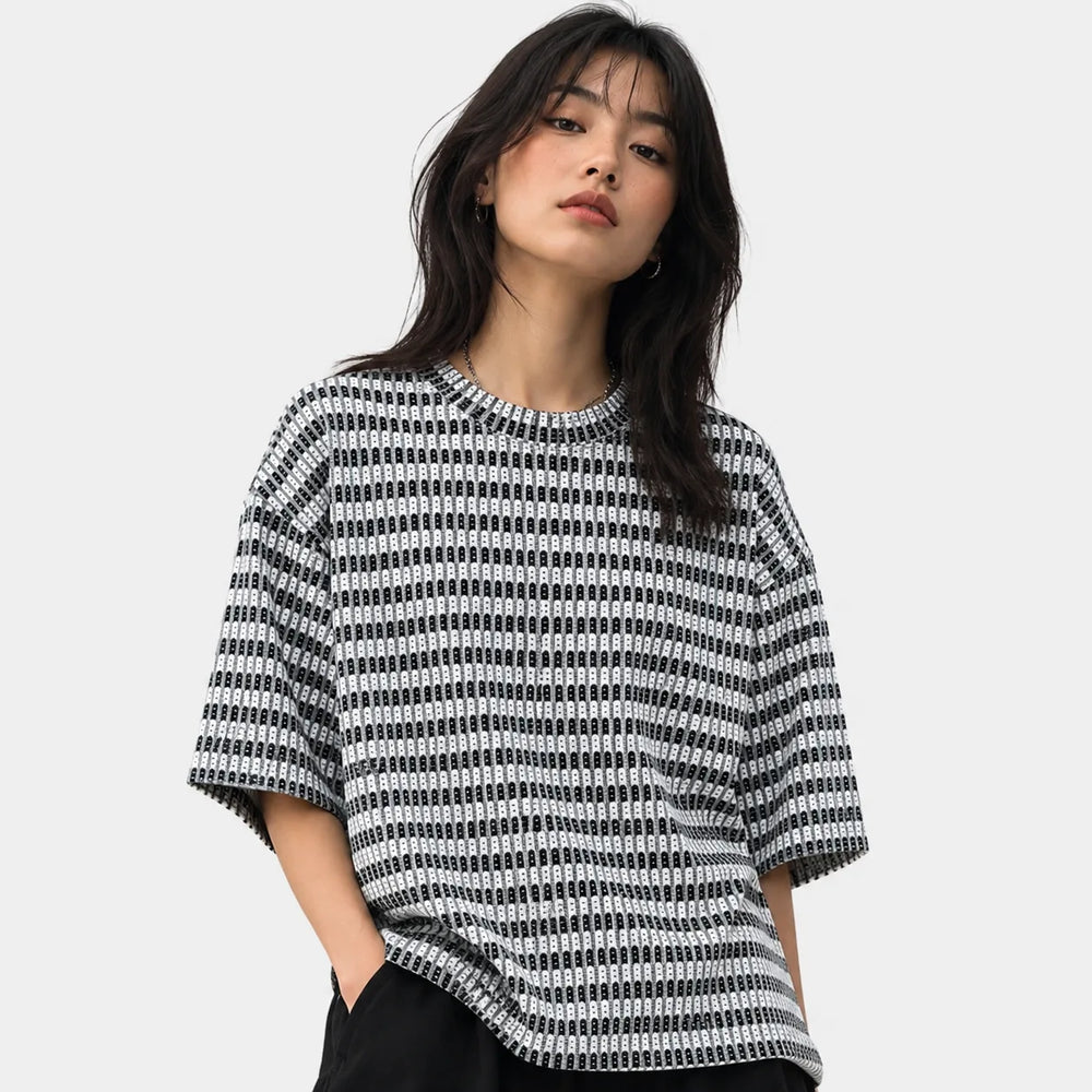 Textured Knit Stripe Drop Shoulder T-Shirt – Black & White