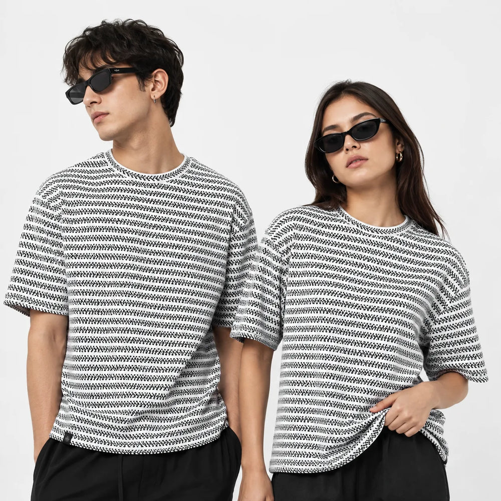 Grey & White Textured Stripe Drop Shoulder T-Shirt
