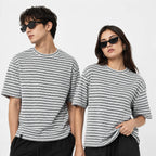 Grey & White Textured Stripe Drop Shoulder T-Shirt