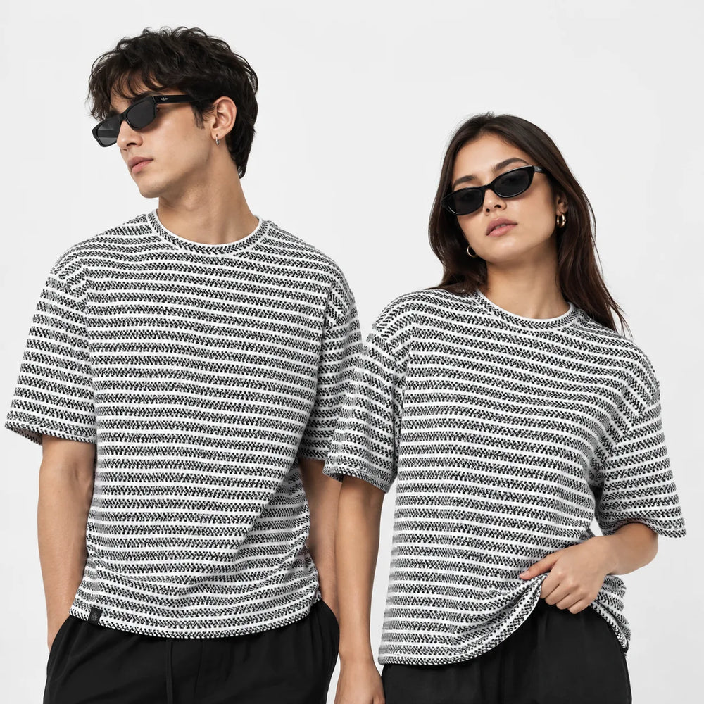 Black & White Textured Stripe Drop Shoulder T-Shirt