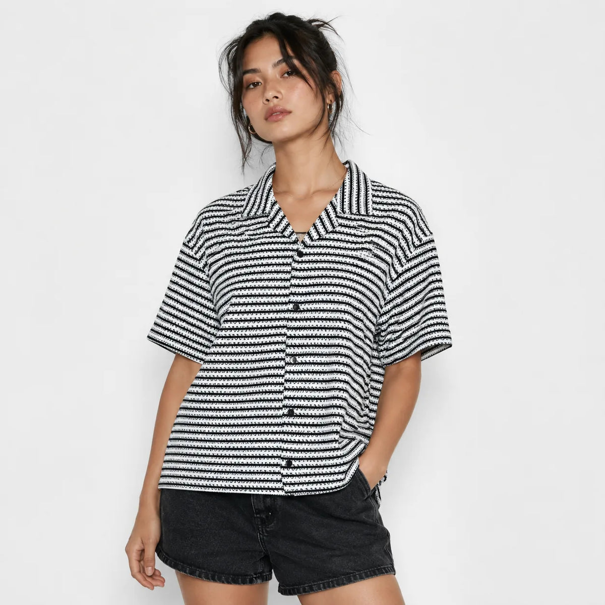 White & Black Geometric Textured Boxy Fit Shirt