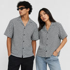 White & Black Geometric Textured Boxy Fit Shirt