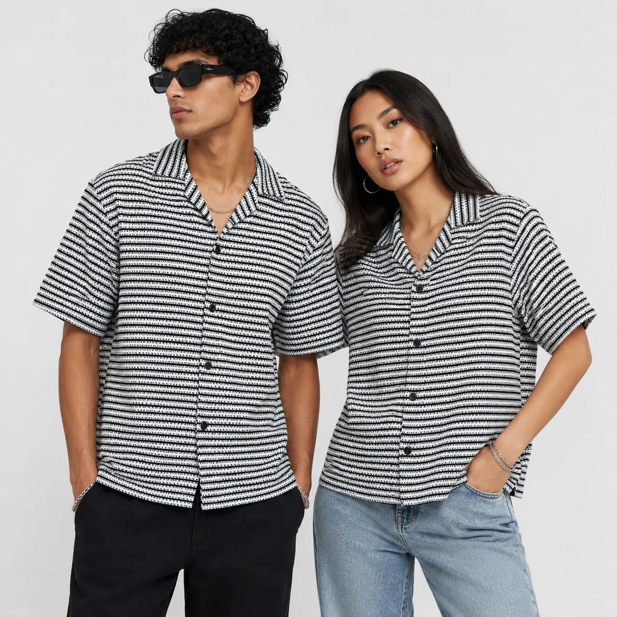 White & Black Geometric Textured Boxy Fit Shirt