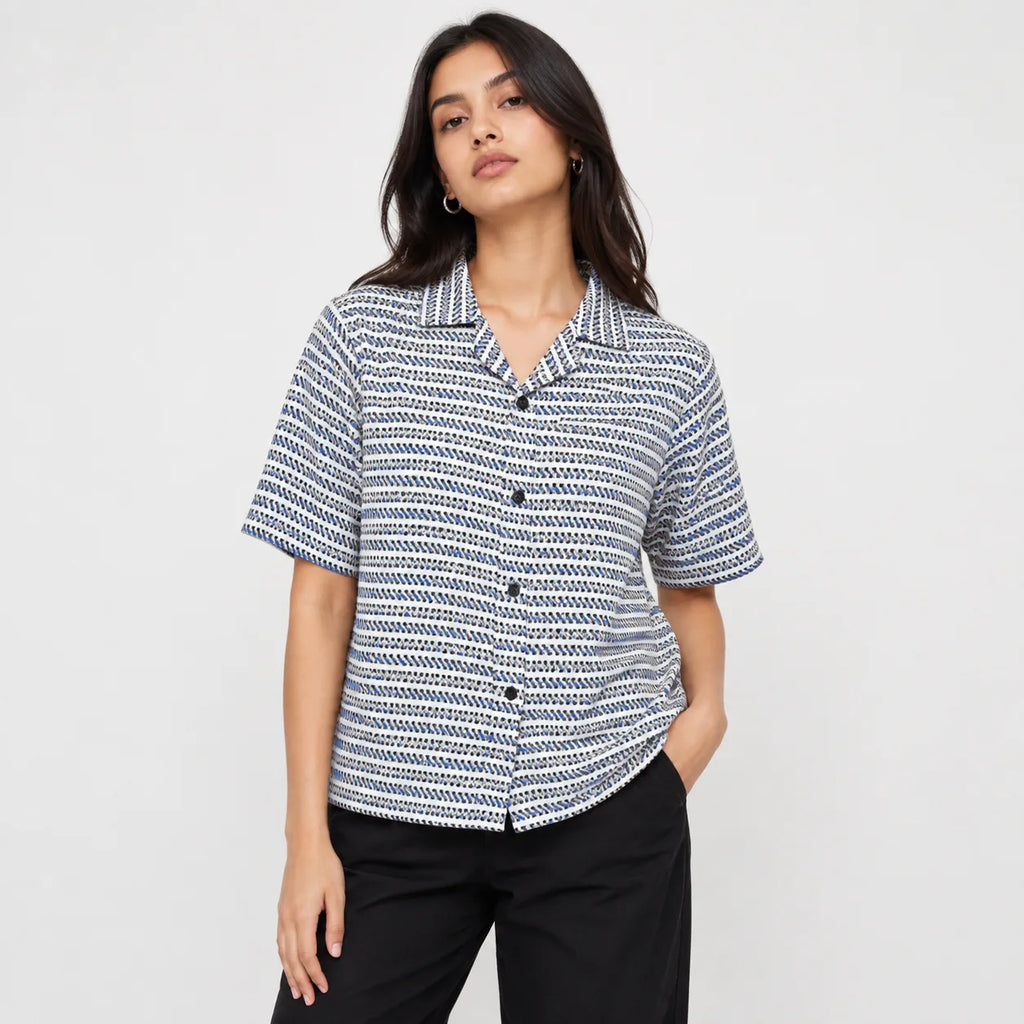 White & Blue Geometric Textured Boxy Fit Shirt