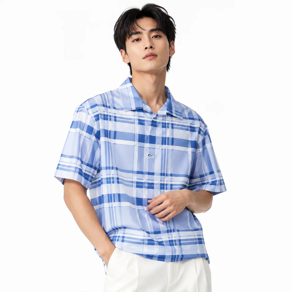 Men’s Sky Blue Stretch Check Half-Button Shirt