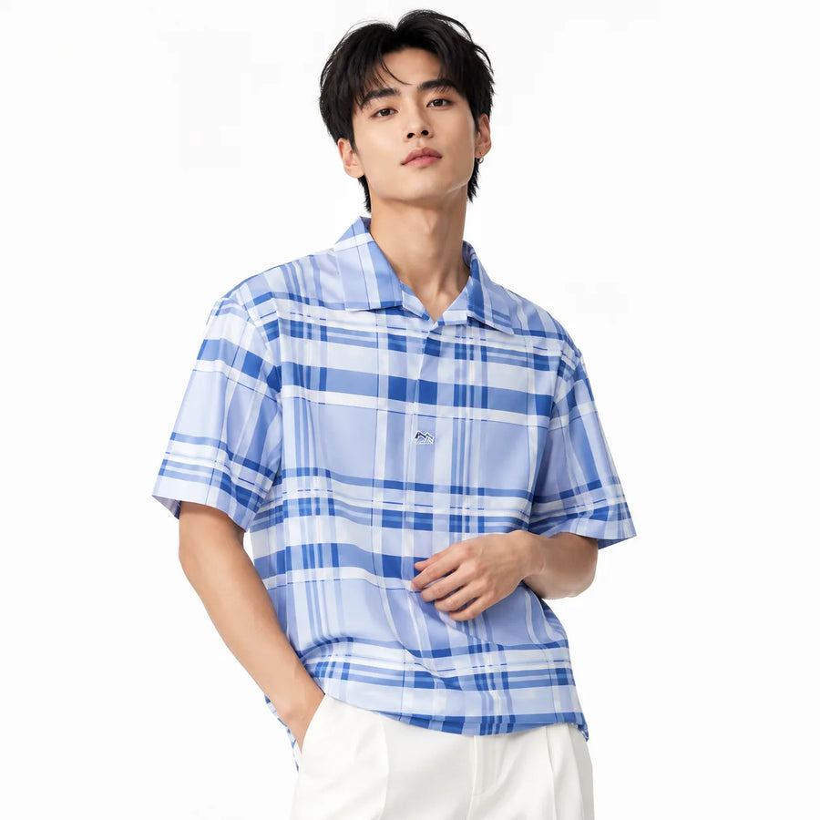 Men’s Sky Blue Stretch Check Half-Button Shirt