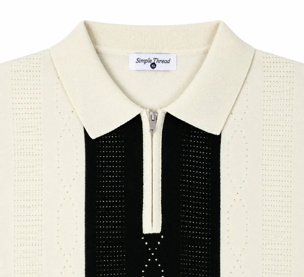 Monaco Ribbed Knit Zip Polo Tee – Cream & Black