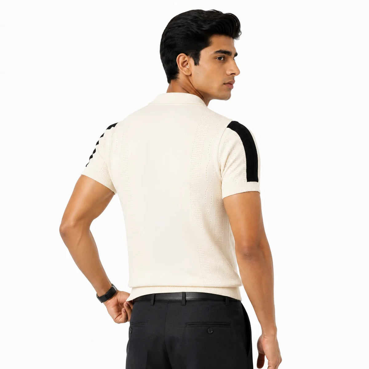 Monaco Ribbed Knit Zip Polo Tee – Cream & Black