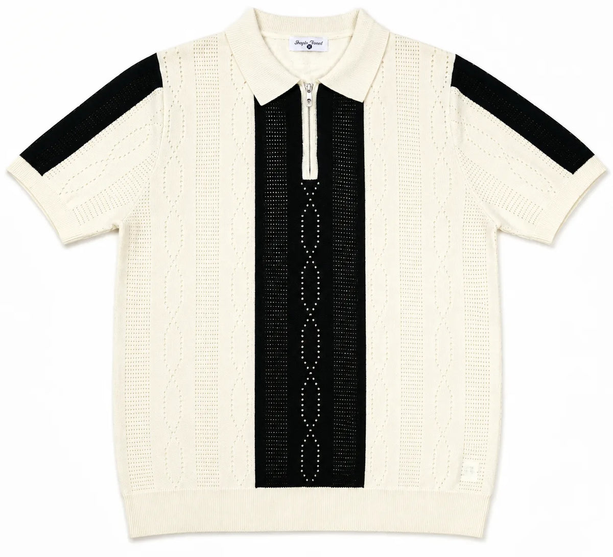 Monaco Ribbed Knit Zip Polo Tee – Cream & Black